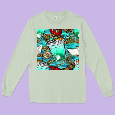 Fish Coffee Cups And Reeds With Paper Boat And Leopard Lake Seamless P Long Sleeve Tee Designed By Bundleandbundleshop