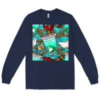 Navy fish coffee cups and reeds with paper boat and leopard lake seamless p Long Sleeve Tee - BundleAndBundleShop