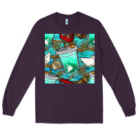 Plum fish coffee cups and reeds with paper boat and leopard lake seamless p Long Sleeve Tee - BundleAndBundleShop