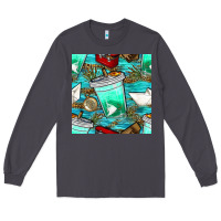 Smoke fish coffee cups and reeds with paper boat and leopard lake seamless p Long Sleeve Tee - BundleAndBundleShop