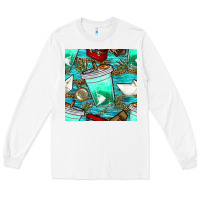 White fish coffee cups and reeds with paper boat and leopard lake seamless p Long Sleeve Tee - BundleAndBundleShop