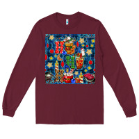Burgundy christmas ho ho ho with coffee cups and ornaments with plaid seamless  Long Sleeve Tee - BundleAndBundleShop