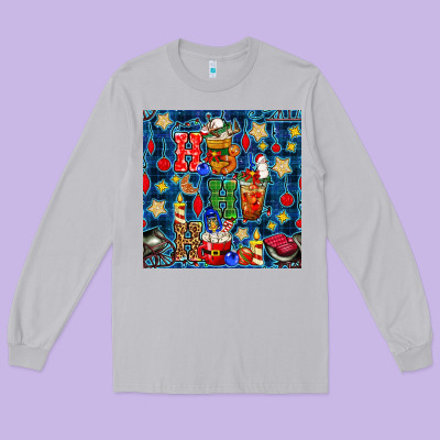 Christmas Ho Ho Ho With Coffee Cups And Ornaments With Plaid Seamless  Long Sleeve Tee Designed By Bundleandbundleshop