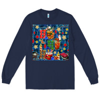 Navy christmas ho ho ho with coffee cups and ornaments with plaid seamless  Long Sleeve Tee - BundleAndBundleShop