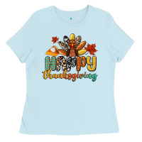 Baby Blue happy thanksgiving Ladies Tee - CowGirlArtShop