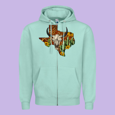 Bull Skull Texas Map Western Zipper Hoodie Designed By Barkaloodesign