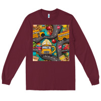 Burgundy school bus coffee and star with leopard seamless pattern bbs Long Sleeve Tee - BundleAndBundleShop