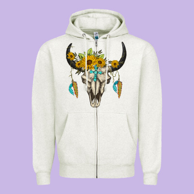 Bull Skull Western Zipper Hoodie Designed By Barkaloodesign