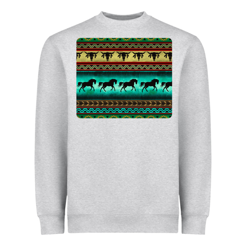 Turquoise Horse And Bullskull Aztec  Pattern Heavyweight Sweatshirt by BarkalooDesign | Teevron