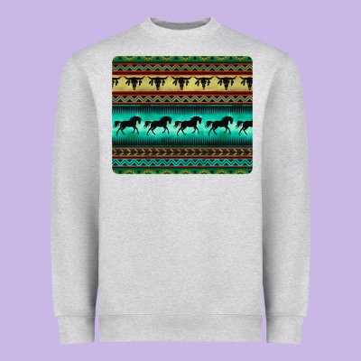 Turquoise Horse And Bullskull Aztec  Pattern Heavyweight Sweatshirt Designed By Barkaloodesign