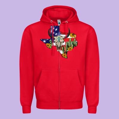 Bull Skull Texas Map American Playng Zipper Hoodie Designed By Barkaloodesign