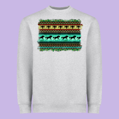 Turquoise Aztec Bullskull And Horse Heavyweight Sweatshirt Designed By Barkaloodesign