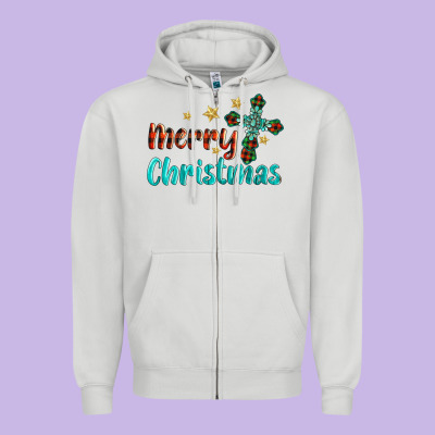 Merry Christmas Turquoise Gemstones Cross Zipper Hoodie Designed By Barkaloodesign