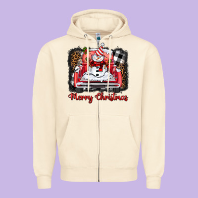 Merry Christmas Truck Snowman Zipper Hoodie Designed By Barkaloodesign