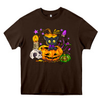 Chocolate Brown Black cat pumpkin Heavy Core Tee - NancyCooperArtShop