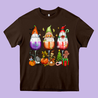 Hallothanksmas Wine Glasses And Gnomes Heavy Core Tee Designed By Texasbilliewilder
