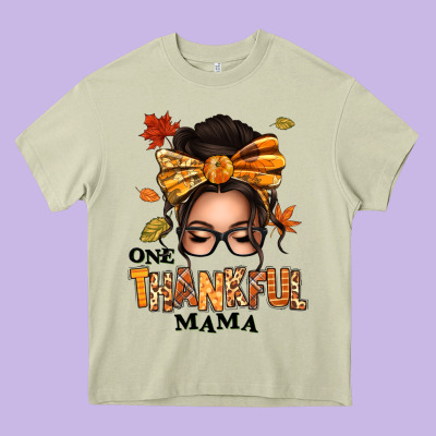 One Thankful Mama Afro Messy Bun Heavy Core Tee Designed By Texasbilliewilder