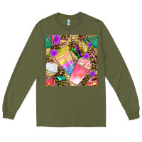 Army Green school girl coffee cup with leopard seamless pattern bbs Long Sleeve Tee - BundleAndBundleShop