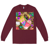 Burgundy school girl coffee cup with leopard seamless pattern bbs Long Sleeve Tee - BundleAndBundleShop