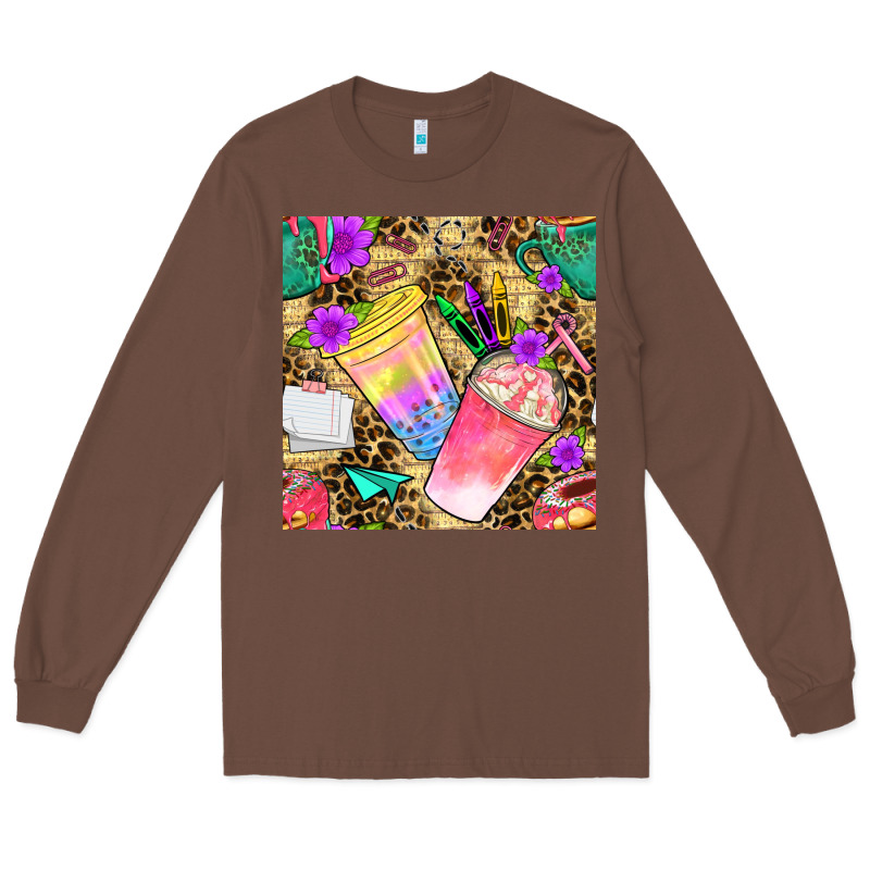 School Girl Coffee Cup With Leopard Seamless Pattern Bbs Long Sleeve Tee by BundleAndBundleShop | Teevron