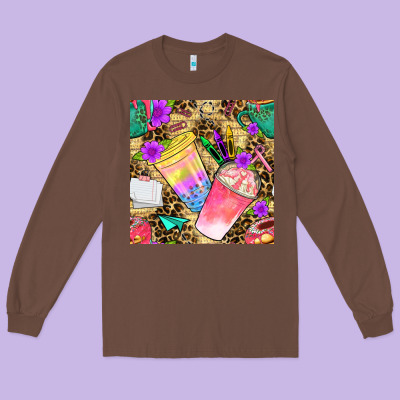 School Girl Coffee Cup With Leopard Seamless Pattern Bbs Long Sleeve Tee Designed By Bundleandbundleshop