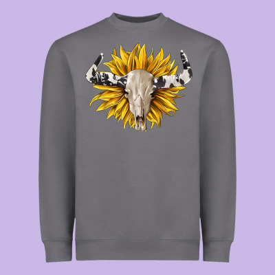 Cowhide Bull Skull And Sunflower Heavyweight Sweatshirt Designed By Barkaloodesign