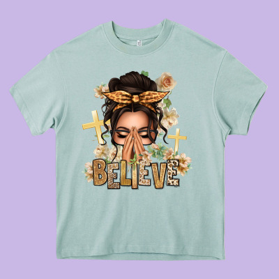 Believe Praying Caucasian Messy Bun Heavy Core Tee Designed By Texasbilliewilder