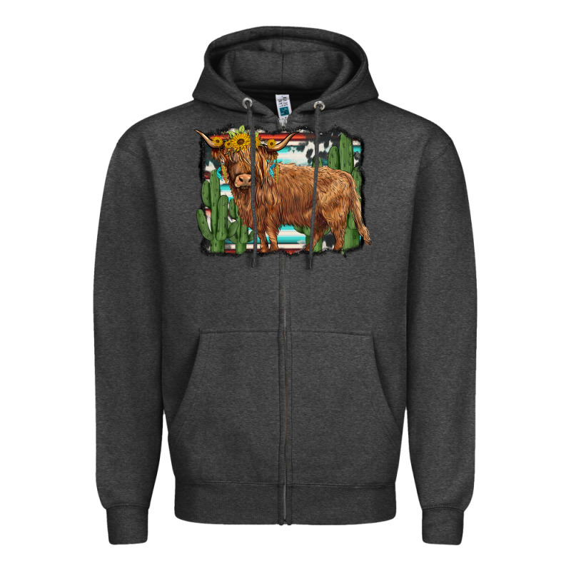 Western Cactus Highland Cow Zipper Hoodie by BarkalooDesign | Teevron