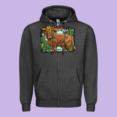 Western Cactus Highland Cow Zipper Hoodie Designed By Barkaloodesign