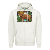 Oatmeal Heather western cactus highland cow Zipper Hoodie - BarkalooDesign