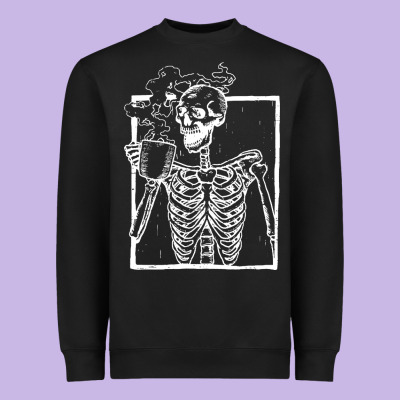 Distressed Skeleton Vintage Smiling Skull Drinking Coffee Heavyweight Sweatshirt Designed By Artisfamous