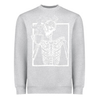 Heather Grey distressed skeleton vintage smiling skull drinking coffee Heavyweight Sweatshirt - artisFamous