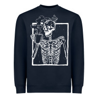 Navy distressed skeleton vintage smiling skull drinking coffee Heavyweight Sweatshirt - artisFamous