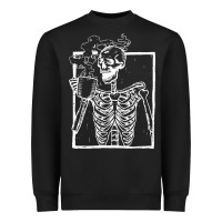 Distressed Skeleton Vintage Smiling Skull Drinking Coffee Heavyweight Sweatshirt | Teevron