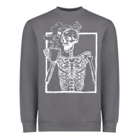 Storm distressed skeleton vintage smiling skull drinking coffee Heavyweight Sweatshirt - artisFamous