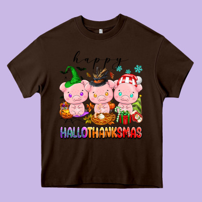 Happy Hallothanksmas Pigs Heavy Core Tee Designed By Texasbilliewilder