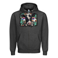 Charcoal Heather western background turquoises gemstones black and white baby cow Zipper Hoodie - BarkalooDesign