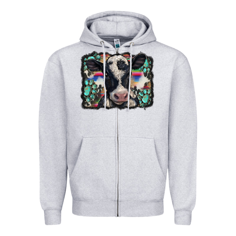Western Background Turquoises Gemstones Black And White Baby Cow Zipper Hoodie by BarkalooDesign | Teevron
