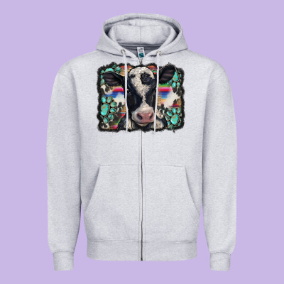 Western Background Turquoises Gemstones Black And White Baby Cow Zipper Hoodie Designed By Barkaloodesign