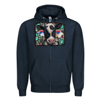 Navy western background turquoises gemstones black and white baby cow Zipper Hoodie - BarkalooDesign