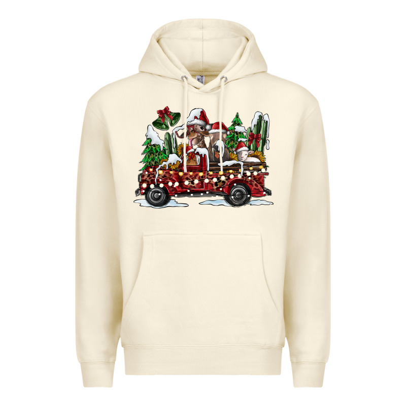 Festive Farm Animal Christmas Truck Premium Hoodie by CowhideDigitalArt | Teevron