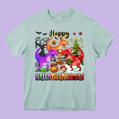 Happy Hallothanksmas Dinosaur Heavy Core Tee Designed By Texasbilliewilder