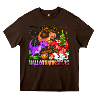 Chocolate Brown happy hallothanksmas dinosaur Heavy Core Tee - texasbilliewilder