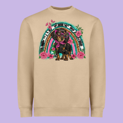 Dachshund Dog Pink  Floral Rainbow Heavyweight Sweatshirt Designed By Barkaloodesign