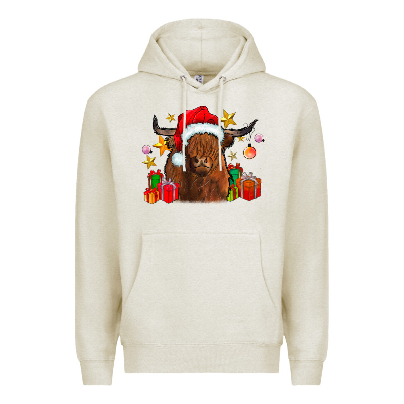 Festive Highland Cow Premium Hoodie by CowhideDigitalArt | Teevron