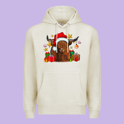 Festive Highland Cow Premium Hoodie Designed By Cowhidedigitalart