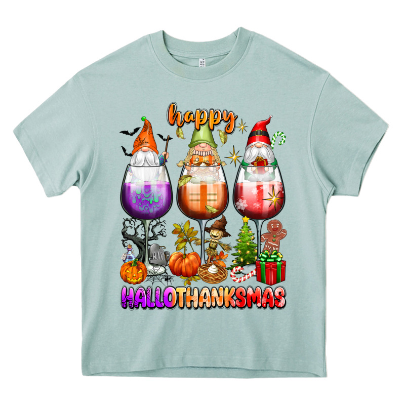Happy Hallothanksmas Wine Glasses And Gnomes Heavy Core Tee by texasbilliewilder | Teevron