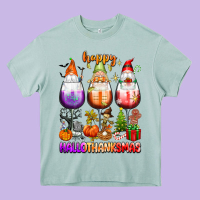 Happy Hallothanksmas Wine Glasses And Gnomes Heavy Core Tee Designed By Texasbilliewilder