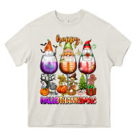 Cream Happy Hallothanksmas wine glasses and gnomes Heavy Core Tee - texasbilliewilder