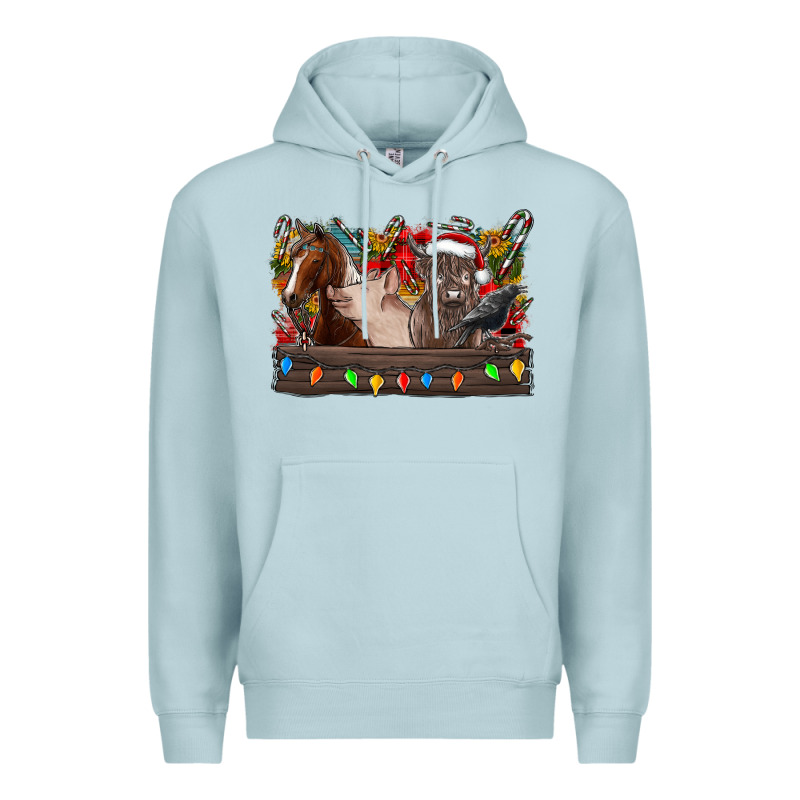 Festive Farmyard Gathering Premium Hoodie by CowhideDigitalArt | Teevron